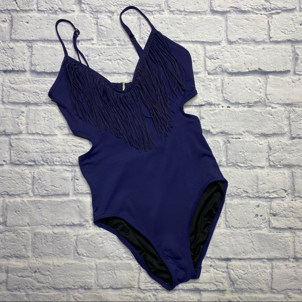 Vince Camuto Swim Tassle Suede Fringe One Piece Swimsuit in Navy